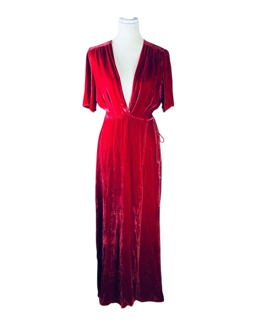 Reformation Winslow Ruby Red Silk Blend Velvet Wrap Maxi Dress Size M